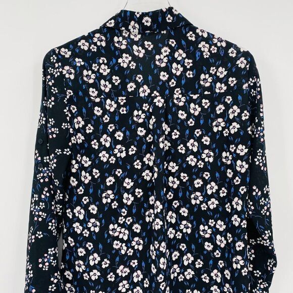 Express Size Small Black & Blue Floral Long Sleeve Button Down Career Blouse Top - Picture 7 of 9